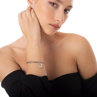 Βραχιόλι ατσάλινο διπλό με μισοφέγγαρο με κρύσταλλα cz