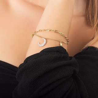 Βραχιόλι ατσάλινο διπλό με μισοφέγγαρο με κρύσταλλα cz