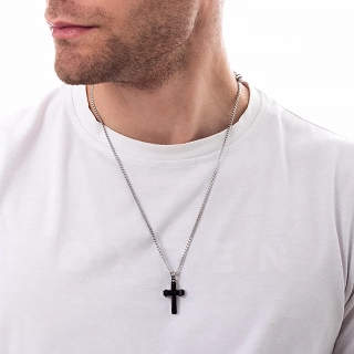 Κολιέ σταυρός αντρικός ατσάλι σε ασημί με μαύρο
