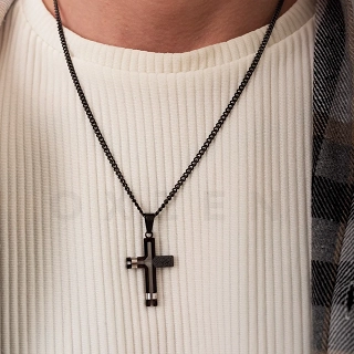 Κολιέ σταυρός ατσάλι με αλυσίδα μαύρη