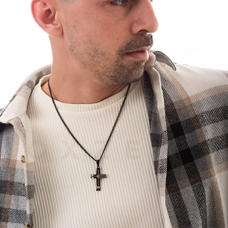 Κολιέ σταυρός ατσάλι με αλυσίδα μαύρη