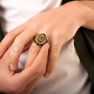 Δαχτυλίδι ανδρικό από ανοξείδωτο ατσάλι ασημόχρυσο, λύκος