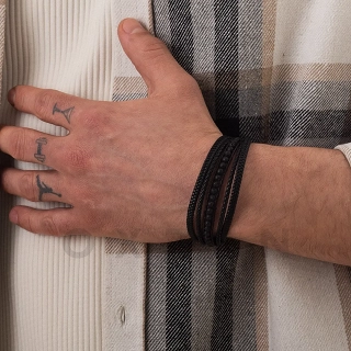 Βραχιόλι ατσάλινο με μαύρο δέρμα πενταπλό και πέτρες λάβας