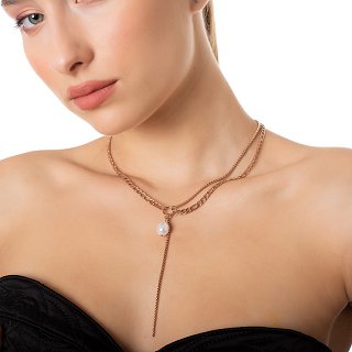 Κολιέ ατσάλινο με διπλή αλυσίδα και πέρλα