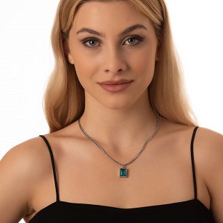 Κολιέ ατσάλινο με καρέ blue topaz πέτρα ζιργκόν