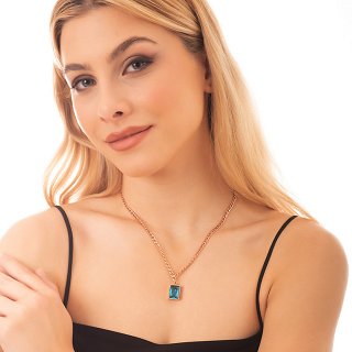 Κολιέ ατσάλινο με καρέ blue topaz πέτρα ζιργκόν