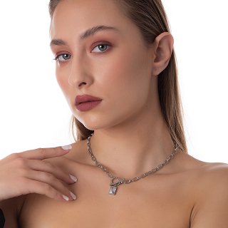 Κολιέ ατσάλινο με τετράγωνη λευκή πέτρα ζιργκόν