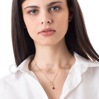 Κολιέ από ανοξείδωτο ατσάλι, καρδιά με βέλος και κόκκινη πέτρα ζιργκόν