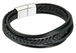 Βραχιόλι ατσάλινο με δέρμα μαύρο και κούμπωμα μαγνήτη