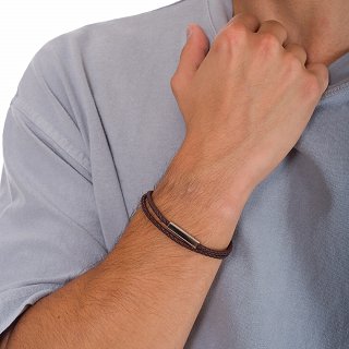 Ανδρικό βραχιόλι από ανοξείδωτο ατσάλι με δέρμα καφέ διπλό