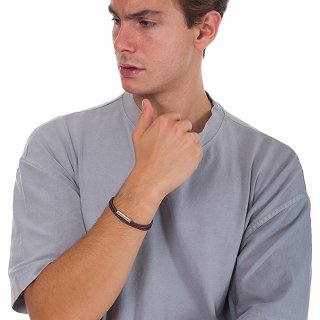 Ανδρικό βραχιόλι από ανοξείδωτο ατσάλι με δέρμα καφέ διπλό