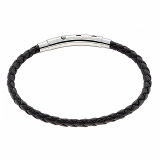 Ανδρικό βραχιόλι από ανοξείδωτο ατσάλι με μαύρο δέρμα και κούμπωμα ρυθμιζόμενο