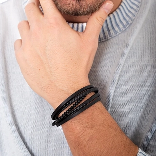 Oxzen ανδρικό βραχιόλι από ανοξείδωτο ατσάλι με μαύρο δέρμα