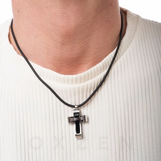 Κολιέ σταυρός ατσάλι ασημί με μαύρο με καουτσούκ και κούμπωμα ασφαλείας