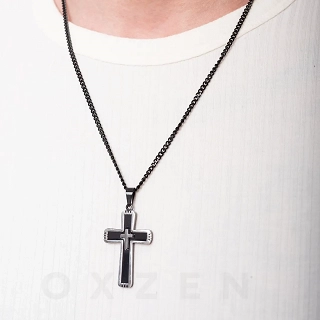 Κολιέ σταυρός ατσάλι με αλυσίδα μαύρη