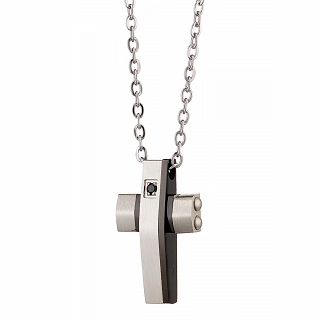 Κολιέ σταυρός ανδρικός από ανοξείδωτο ατσάλι με ένα μαύρο μικρό ζιργκόν