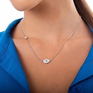 Κολιέ από ανοξείδωτο ατσάλι ματάκι με λευκά κρύσταλλα και λευκό ζιργκόν
