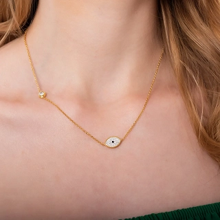 Κολιέ από ανοξείδωτο ατσάλι ματάκι με λευκά κρύσταλλα και λευκό ζιργκόν