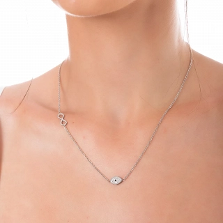 Κολιέ από ανοξείδωτο ατσάλι με άπειρο και ματάκι με λευκά κρύσταλλα