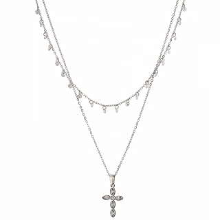 Κολιέ γυναικείο από ανοξείδωτο ατσάλι διπλό με σταυρό και λευκές πέτρες ζιργκόν