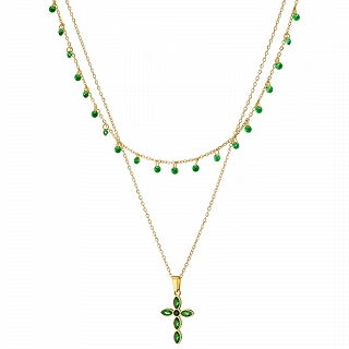 Κολιέ γυναικείο από ανοξείδωτο ατσάλι διπλό με σταυρό και λευκές πέτρες ζιργκόν