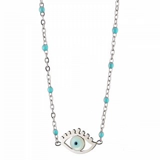 Κολιέ γυναικείο από ανοξείδωτο ατσάλι με ματάκι και γαλάζιες πέτρες