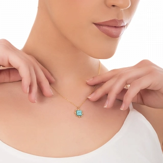 Κολιέ γυναικείο από ανοξείδωτο ατσάλι τετράγωνο με τυρκουάζ πέτρα