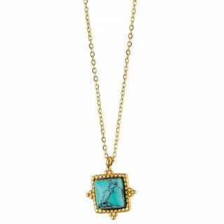 Κολιέ γυναικείο από ανοξείδωτο ατσάλι τετράγωνο με τυρκουάζ πέτρα