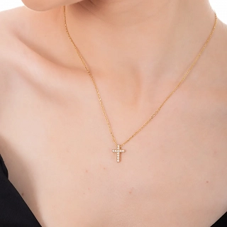 Κολιέ ατσάλινο σταυρός με αλυσίδα με λευκά ζιργκόν