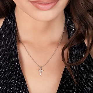 Κολιέ σταυρός από ανοξείδωτο ατσάλι με λευκά ζιργκόν