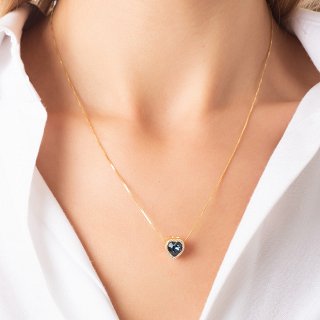 Oxzen κολιέ ασημένιο καρδιά διπλής όψης λευκή-μπλέ πέτρα ζιργκόν
