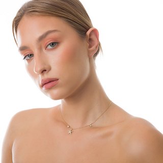 Oxzen κολιέ ασημένιο αστερίας με μαργαριτάρι και λευκές πέτρες ζιργκόν