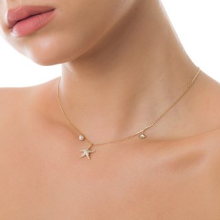 Oxzen κολιέ ασημένιο αστερίας με μαργαριτάρι και λευκές πέτρες ζιργκόν