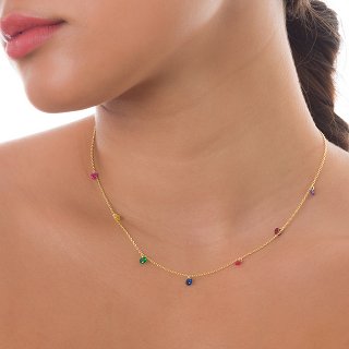 Oxzen κολιέ ασημένιο με πολύχρωμες πέτρες κρύσταλλα CZ