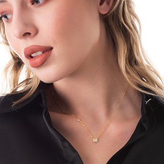 Oxzen κολιέ ασημένιο με λευκό τετράγωνο ζιργκόν