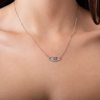 Oxzen κολιέ ασημένιο ματάκι με λευκά ζιργκόν