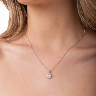 Oxzen κολιέ ασημένιο οβάλ μονόπετρο με λευκά ζιργκόν