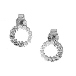 Oxzen σκουλαρίκια καρφωτά ασημένια στεφανάκι με περλίτσες και λευκά ζιργκόν
