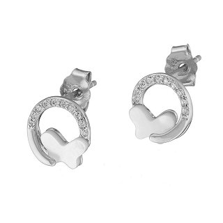 Oxzen σκουλαρίκια καρφωτά ασημένια στεφανάκι με πεταλούδα και λευκά ζιργκόν