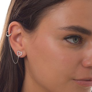 Oxzen σκουλαρίκι κρικάκι μικρό ασημένιο με καρδιά και λευκά ζιργκόν