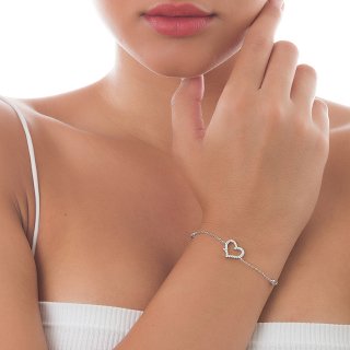 Oxzen βραχιόλι ασημένιο με καρδιά και λευκά ζιργκόν