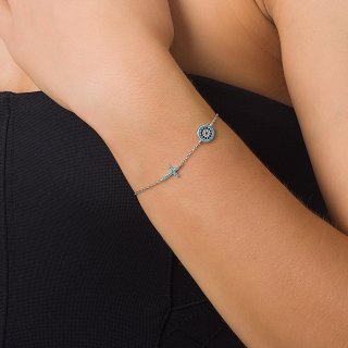 Oxzen γυναικείο βραχιόλι ασημένιο ματάκι με σταυρό και γαλάζιες πέτρες