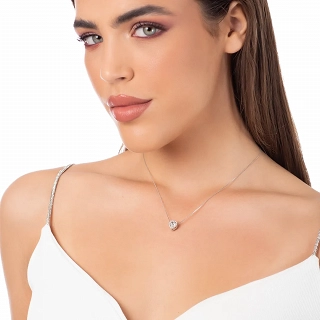 Oxzen κολιέ ασημένιο καρδιά διπλής όψης λευκή-μπλέ πέτρα ζιργκόν