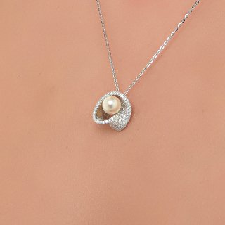 Oxzen κολιέ ασημένιο με ζιργκόν και πέρλα Majorica