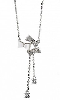 Oxzen κολιέ ασημένιο γραβάτα με φιογκάκια από φίλντισι και ζιργκόν