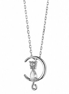 Oxzen κολιέ ασημένιο γατούλα με λευκά ζιργκόν