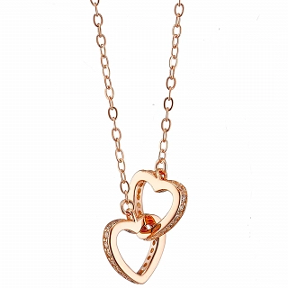 Oxzen κολιέ ασημένιο διπλή καρδιά ενωμένη με λευκά ζιργκόν