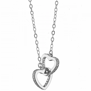 Oxzen κολιέ ασημένιο διπλή καρδιά ενωμένη με λευκά ζιργκόν