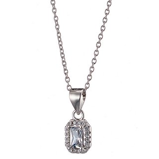 Oxzen γυναικείο κολιέ ασημένιο ορθογώνιο μονόπετρο με λευκά ζιργκόν