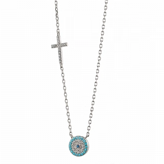 Oxzen γυναικείο κολιέ ασημένιο ματάκι με σταυρό και λευκά ζιργκόν